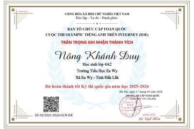 Nhà trường, thầy cô và quý phụ huynh rất tự hào về kết quả kỳ thi IOE cấp quốc gia mà các em đã đạt được. Sự dìu dắt của các cô giáo và sự cố gắng của các em đã mang lại kết quả rất đáng biểu dương. Xin chúc mừng các em:Em Trịnh Phi Linh đạt Huy chương Bạc khối 5 kỳ thi cấp quốc gia; Em Sầm Hoàng Thiên đạt Huy chương Đồng khối 4 kỳ thi cấp Quốc gia và  31 em đã Hoàn thành tốt kỳ thi cấp Quốc gia.